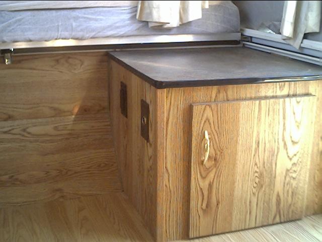 Front curbside cabinet completed. Note the Formica counter top and T-molding and the curved edges of the counter top.