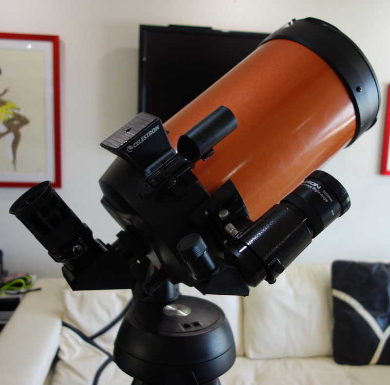 Shown: Telescope with several upgrades, which includes the 2” diagonal, a two inch eyepiece, camera mount, Baader red-dot-finder Sky Surfer III, and an Orion 9x50mm Correct-Image Right Angle Finder Scope.