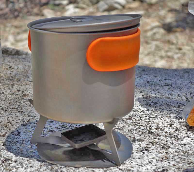 The LiteTrail Titanium Solid Fuel Cook System has a pot that can only hold ½ quart of water, but is perfect for the lightweight backpacker.