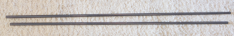 Ruta Locura .600" Carbon Fiber Tent Pole comparison. Top is pole with adjustable jack, bottom fixed 48" pole.