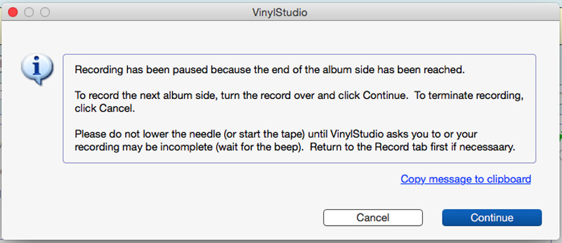 VinylStudio recording paused and waiting for me to turn the album over and resume