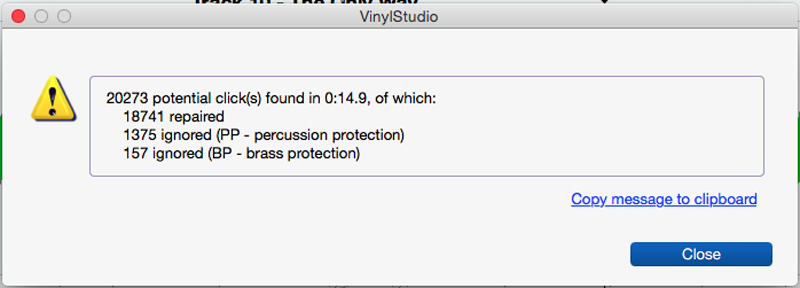 VinylStudio Repairs, which show how many clicks were removed and what was saved