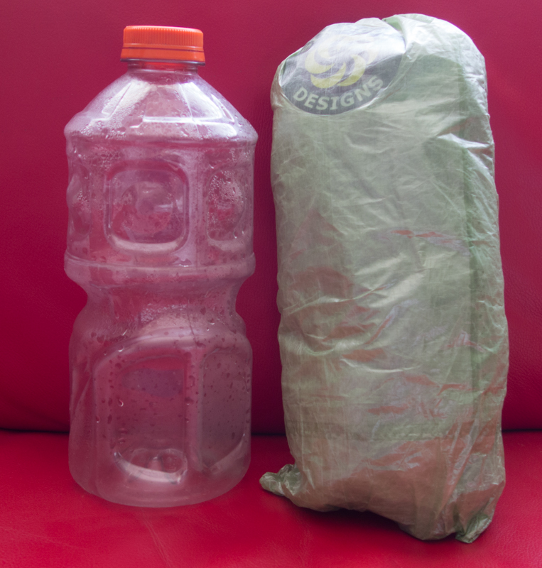 The Deschutes comes in a Cuben stuff sack and the package is about the size of a 64 oz Gatorade bottle.