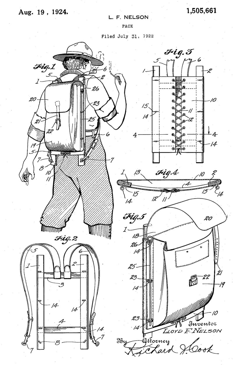 Patent drawing for the Trapper Nelson wood frame backpack.