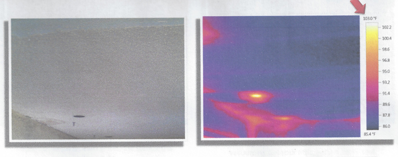 These images are from the infrared test. The left is the living room ceiling and wall. The right shows that 103 F air is moving into the interior through the walls, attic, and recessed lights!