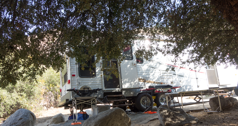 Parked next to a large oak tree that became our patio area -- no need to lower our trailer's awning