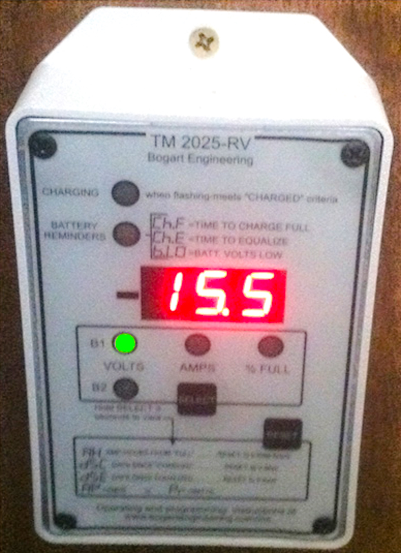 This is a new model Tri-Metric, the 2025RV. It has a few more functions than our earlier 2020, but for most people either meter will be fine. NOTE THE BATTERY IS BEING EQUALIZED AT 15.5 VOLTS BY OUR SOLAR SYSTEM. THIS IS A CRITICAL SUCCESS FACTOR IN CHARGING A BATTERY AND CHOOSING AN INVERTER THAT WILL WORK RIGHT!!